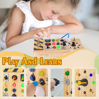 Montessori Wooden Busy Board with 8 LED Light switches, Sensory Toys Light Switch Travel Toys for 1+ Year Old Baby and Toddler nirvanaguru