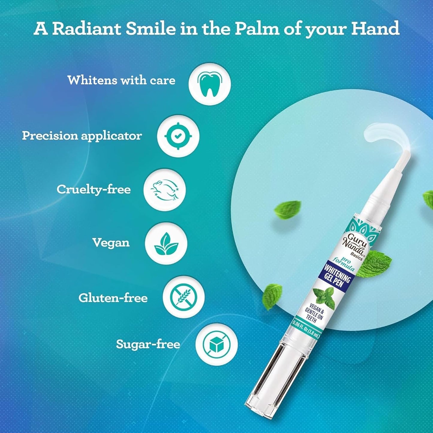 GuruNanda Teeth Whitening Pen,(0.06 fl oz)-20 Uses, Vegan & Gentle on Teeth Pro Formula - Hydrogen Peroxide Whitening Gel Pen, Cruelty-free, Mint Flavor Nirvana Guru