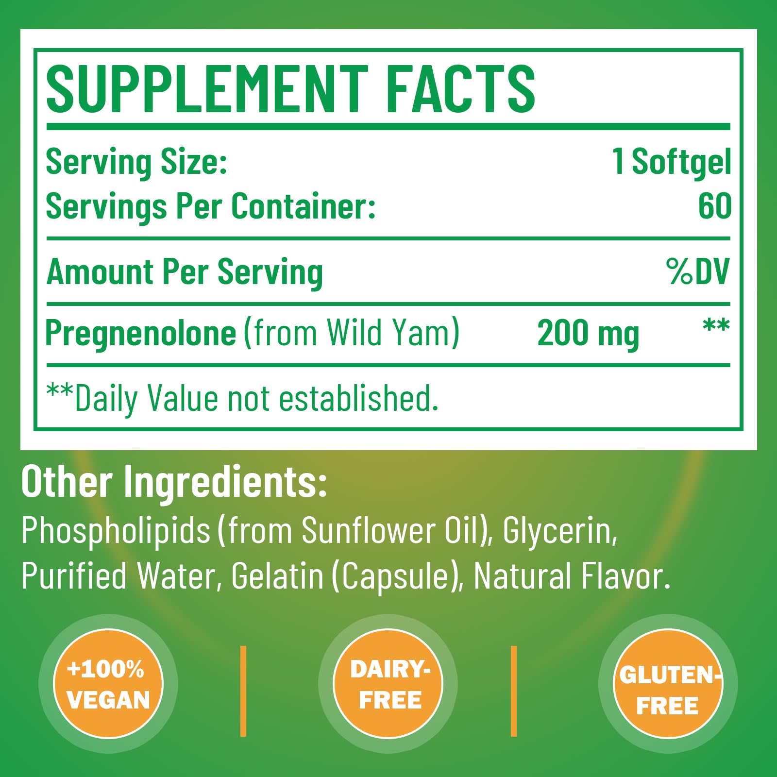 Pregnenolone 200 mg for Memory, Focus - Superior Absorption | from Wild Yam | Gluten-Free | 60 Capsules Nirvana Guru