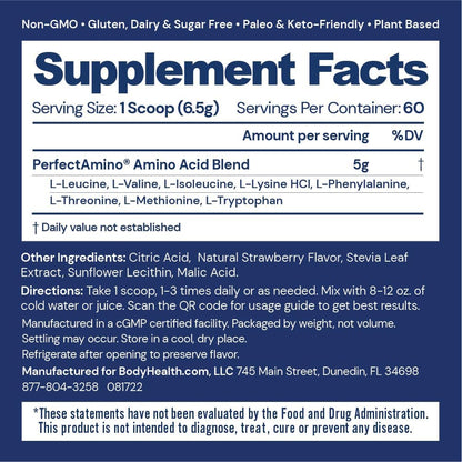 BodyHealth PerfectAmino Powder - BCAA and EAA Powder for Pre and Post Workout - Amino Acid Energy Drink for Men and Women to Support Lean Muscle and Recovery - Strawberry - 30 Servings Nirvana Guru