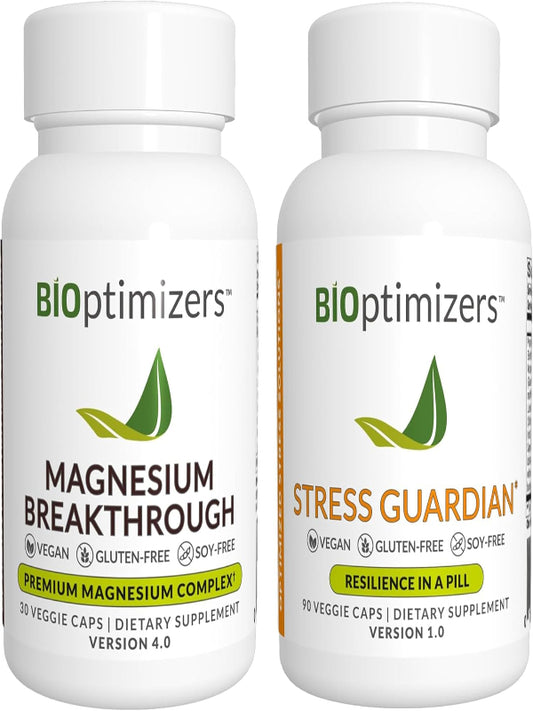 BiOptimizers Magnesium Breakthrough 4.0, (30 Capsules) & Stress Guardian, (90 Capsules) - Natural Sleep, Brain, and Stress Support Supplement Bundle Nirvana Guru