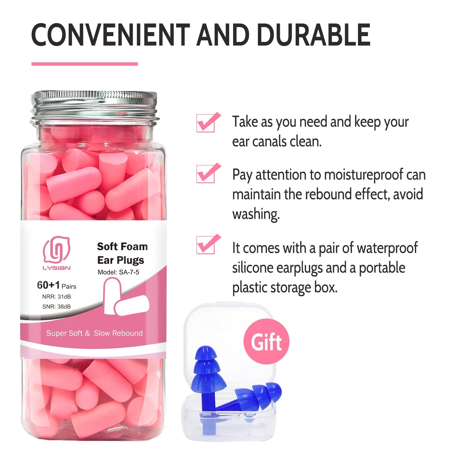 LYSIAN Ultra Soft Foam Earplugs Sleep, Noise Cancelling Ear Plugs for Sleeping, Shooting,Travel and Work-38dB SNR 31dB NRR Sound Blocking-60 Pairs Pack (Lake Blue)