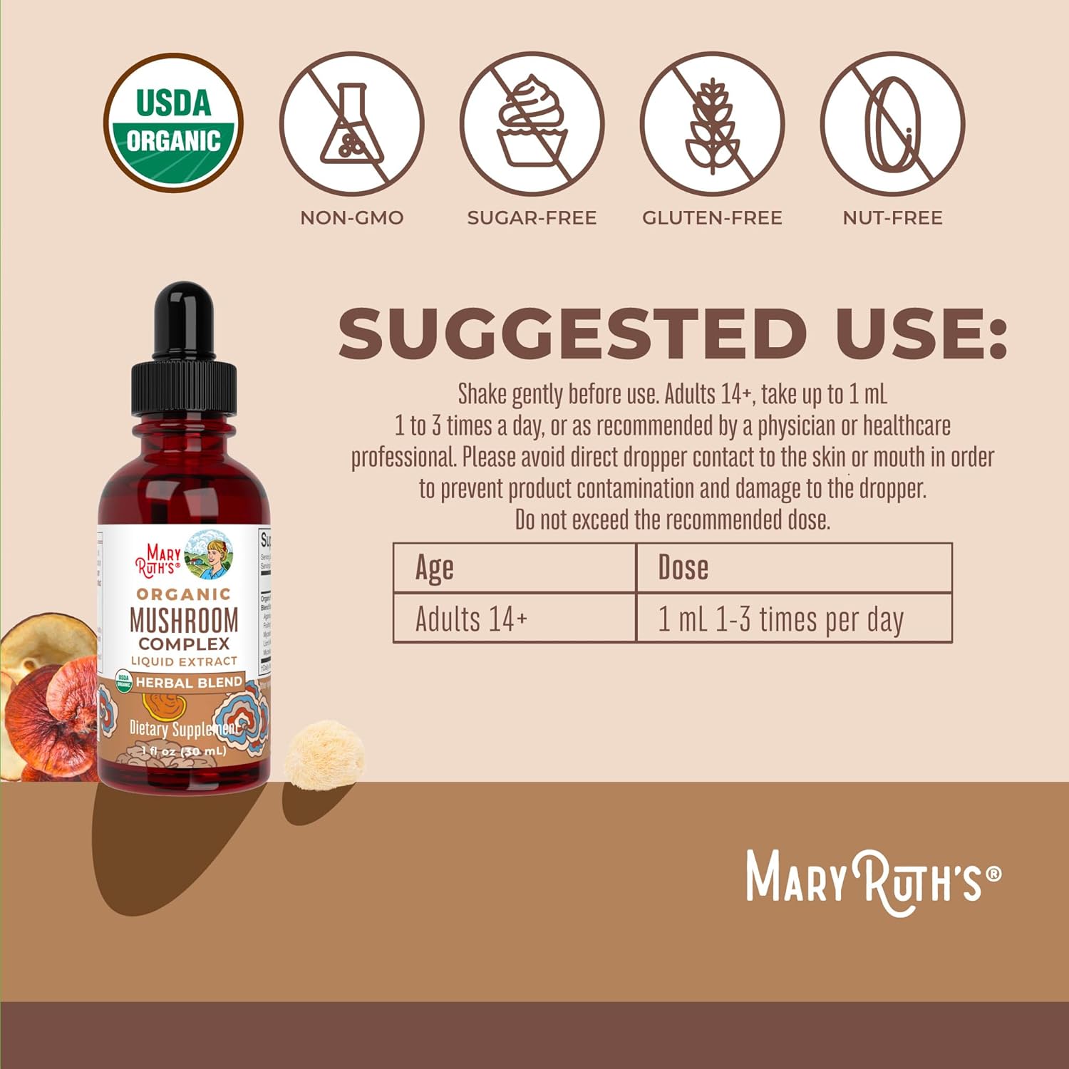 MaryRuth Organics USDA Mushroom Complex | Herbal Liquid Drops | Supplement | Lion's Mane | Reishi Mushroom | Shiitake Mushrooms | Non-GMO | Vegan | Alcohol Free Tincture | 30 Servings - Nirvana Guru