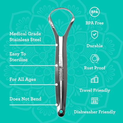 GuruNanda Tongue Scraper for Adults (2 Pack) with Travel Case, 420 Medical-Grade 100% Stainless Steel Tongue Cleaner, Aids in Fresh Breath & Oral Care Nirvana Guru