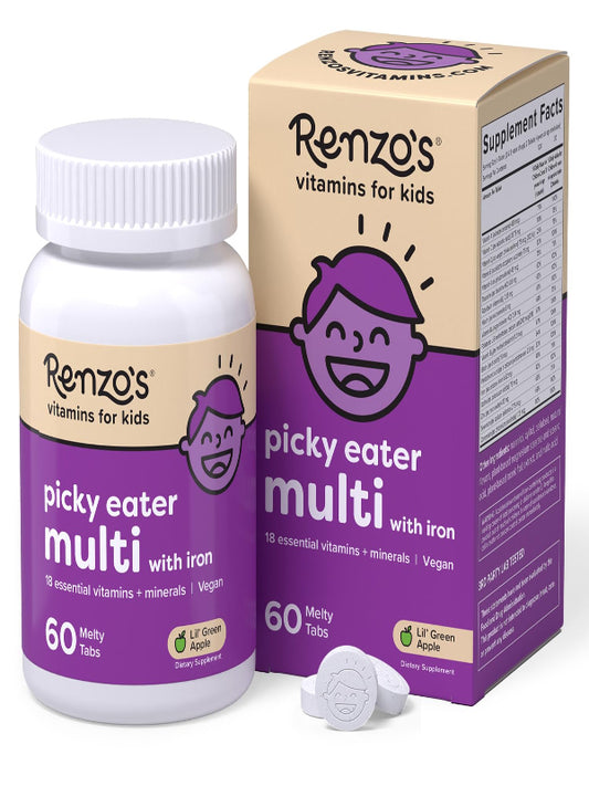 Renzo's Picky Eater Kids Multivitamin with Iron, Dissolving Kids Vitamins with Vitamin D3 and K2 and More, 60 Sugar-Free Melty Tabs, Lil’ Green Apple Flavored Nirvana Guru