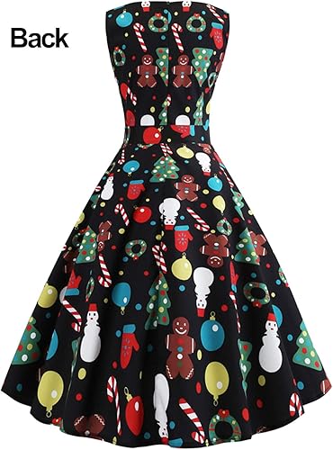 Christmas Dresses for Women Vintage Sleeveless Cocktail Dress Christmas Tree Santa Snow Printed Xmas Party Swing Dress nirvanaguru