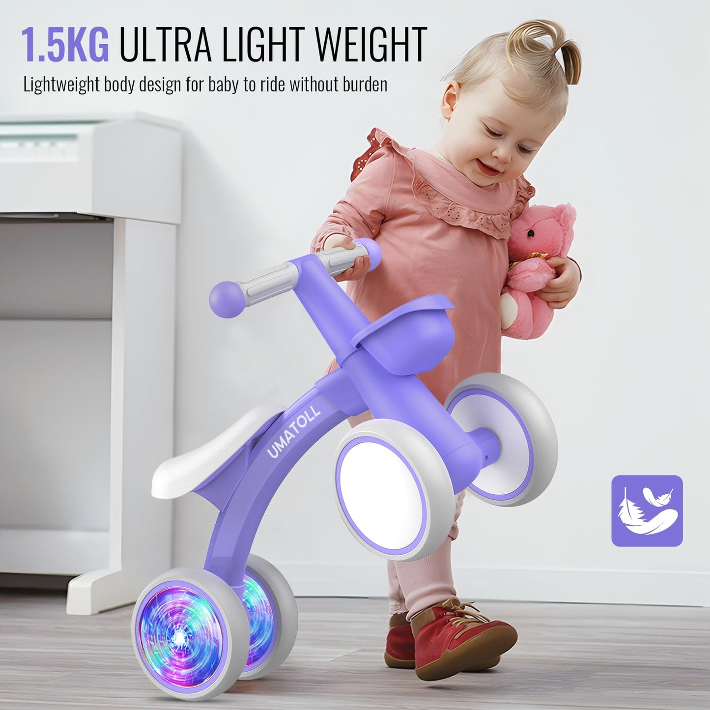 Umatoll Colorful Lighting Baby Balance Bike Toys for 1 Year Old Girls Gifts, Adjustable Seat, 1st Birthday Gifts, 12-24 Months Toddler Bike, Pink Nirvana Guru