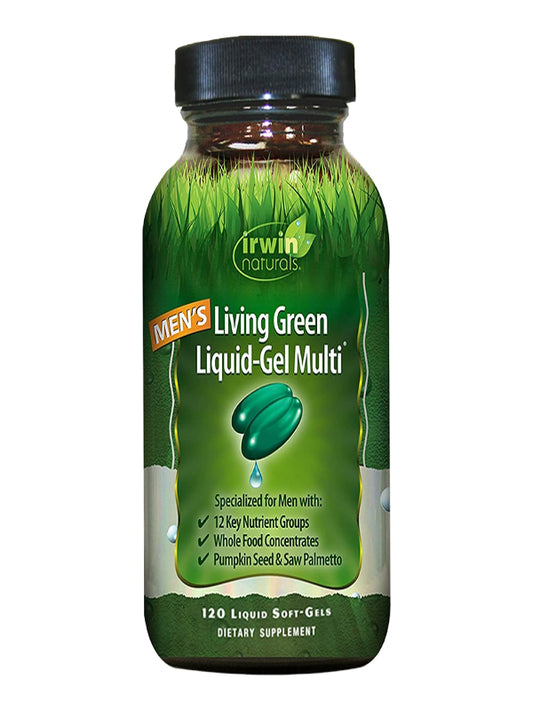 Irwin Naturals Men's Living Green Liquid-Gel Multi - 70 Essential Nutrients, Full-Spectrum Vitamins, Wholefood Blend - Targeted Adrenal & Brain Support - 120 Liquid Softgels - Nirvana Guru