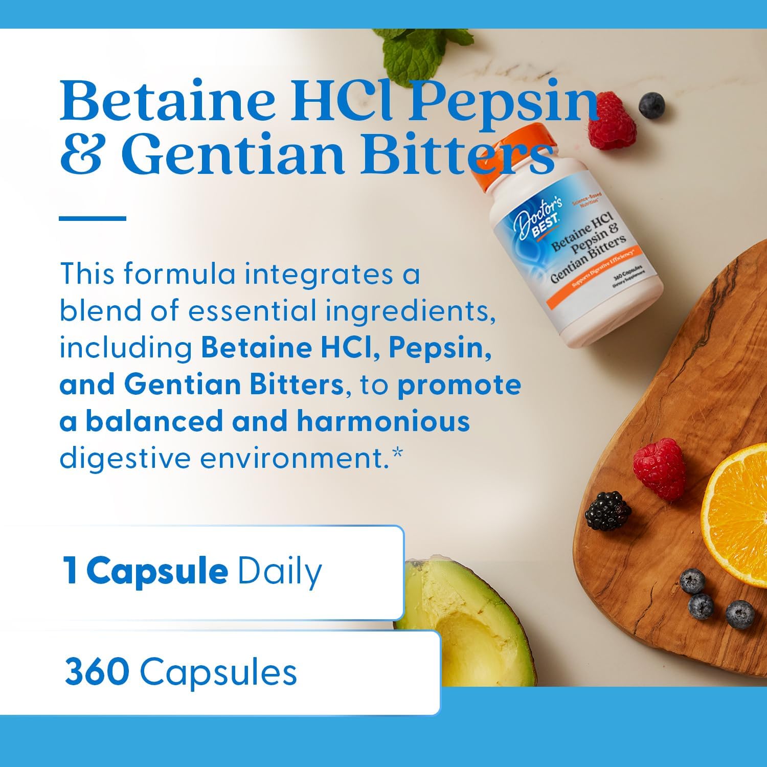 Doctor's Best Betaine HCI Pepsin & Gentian Bitters, Digestive Enzymes for Protein Breakdown & Absorption, Non-GMO, Gluten Free, 360 Count (Pack of 1) - Nirvana Guru