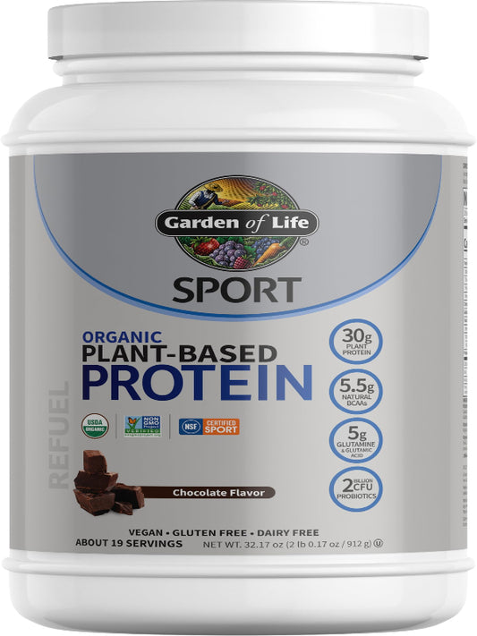 Organic Vegan Chocolate Protein Powder with Probiotics, BCAAs, 30g Plant Protein, NSF Certified, Gluten Free & Sport, Non GMO, Garden of Life Sport Protein Powder - 19 Servings - Nirvana Guru