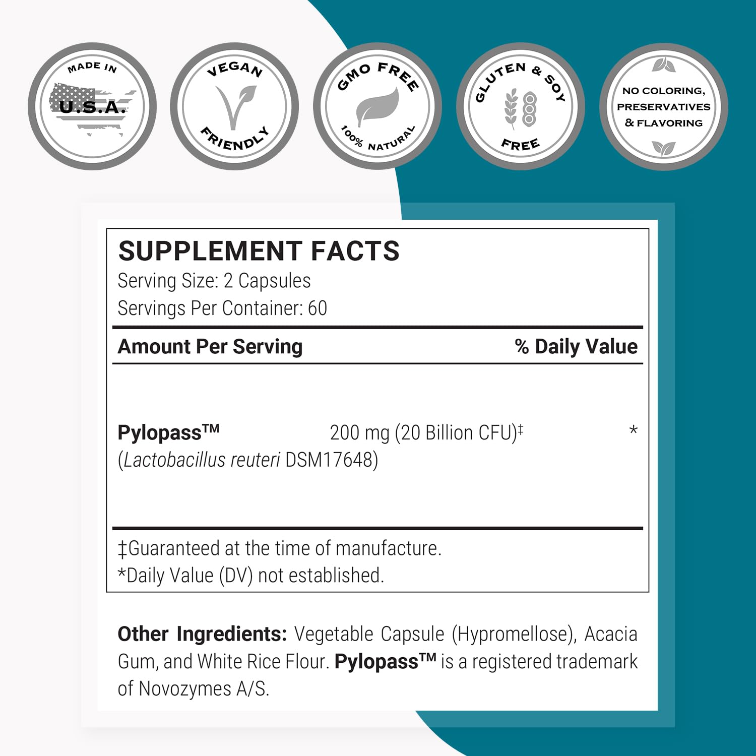 Supersmart H. Pylori Formula 20 Billion CFU per Day (High Potency) - Patented Pylopass Probiotic Lactobacillus Reuteri DSM 17648 Supplement | Non-GMO & Gluten Free - 60 Vegetarian Capsules Nirvana Guru