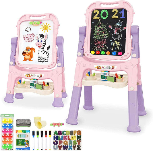 Art Easel for Kids, Adjustable Standing Rotatable Double Sided Easel with Painting Accessories for Toddlers Boys and Girls-Pink Nirvana Guru