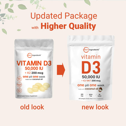 Micro Ingredients Vitamin D3 10,000 IU + K2 MK-7 200 mcg, 300 Softgels | Virgin Coconut Oil | 2-in-1 Bone, Immune & Heart Support | Easy to Swallow, Non-GMO