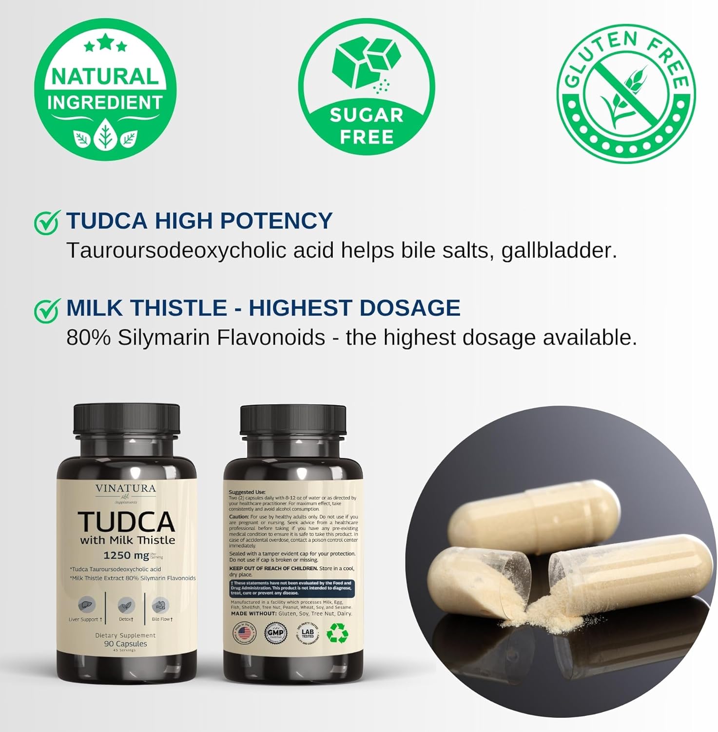 TUDCA Milk Thistle 1250mg - Tudca 1000mg, Tudca Bile Salts, Liver Support, Gallbladder Supplements *USA Made and Tested*, Tudca Supplement, Bile Salts Supplement - 90 Capsules 45 Servings Nirvana Guru