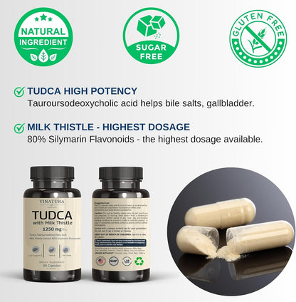 TUDCA Milk Thistle 1250mg - Tudca 1000mg, Tudca Bile Salts, Liver Support, Gallbladder Supplements *USA Made and Tested*, Tudca Supplement, Bile Salts Supplement - 90 Capsules 45 Servings Nirvana Guru