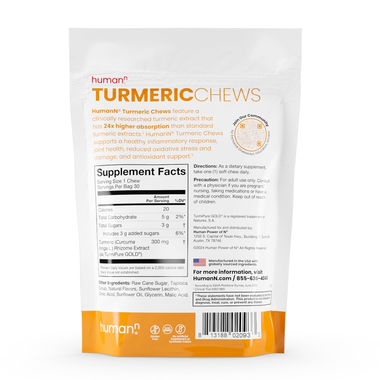 HumanN Turmeric Chews Supplement – Clinically Studied High Absorption Curcumin Complex - Orange Citrus Flavor – from SuperBeets Makers – Joint Health – 30 Count - Nirvana Guru