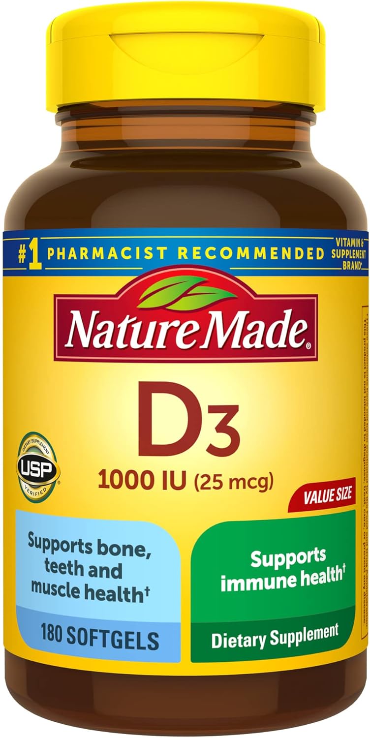 Nature Made Vitamin D3 1000 IU (25 mcg), Dietary Supplement for Bone, Teeth, Muscle and Immune Health Support, 300 Softgels, 300 Day Supply - Nirvana Guru