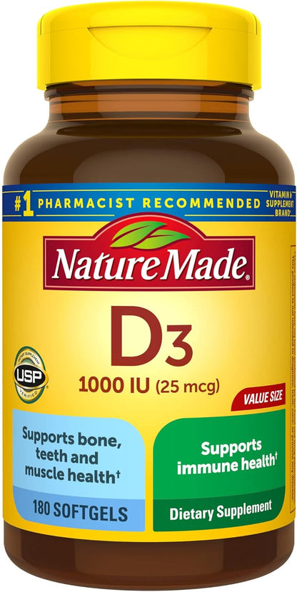 Nature Made Vitamin D3 1000 IU (25 mcg), Dietary Supplement for Bone, Teeth, Muscle and Immune Health Support, 300 Softgels, 300 Day Supply - Nirvana Guru