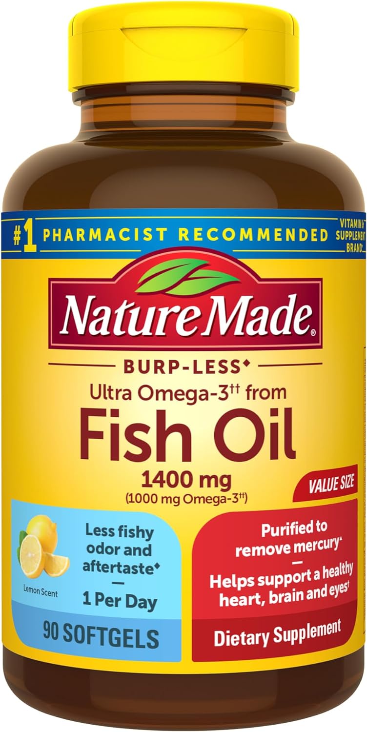 Nature Made Burp Less Ultra Omega 3 Fish Oil Supplements, 1400mg Fish Oil Omega 3 Supplements as Ethyl Esters for Healthy Heart Brain Eyes Support, One Per Day, 90 Softgels - Nirvana Guru