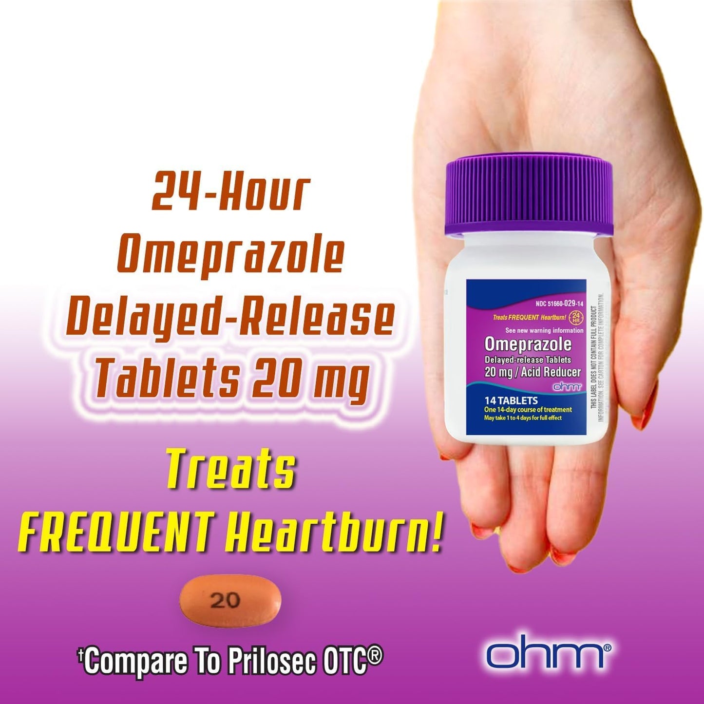 Ohm Omeprazole Delayed-Release Tablets, 20mg Acid Reducer, Treats Frequent Heartburn (2 Weeks of Supply, 14, Count)