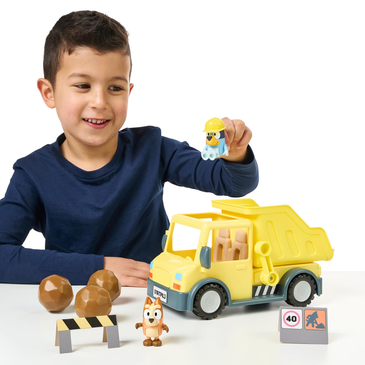 Bluey Dump Truck Toy Playset, Sturdy Working Toy Dump Truck with 2 Articulated Figures and 3 Huge Boulders, Construction Toys for Kids of Ages 3+