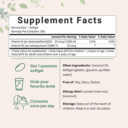 Micro Ingredients Vitamin D3 10,000 IU + K2 MK-7 200 mcg, 300 Softgels | Virgin Coconut Oil | 2-in-1 Bone, Immune & Heart Support | Easy to Swallow, Non-GMO