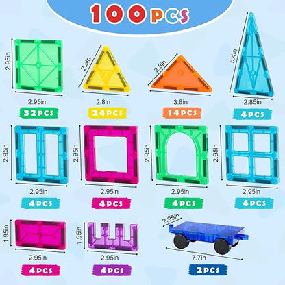 Gemmicc Magnetic Tiles 100 PCS with 2 Cars, STEM Approved Educational Magnet BuildingToys, Magnet Puzzles Stacking Blocks for Boys Girls Nirvana Guru