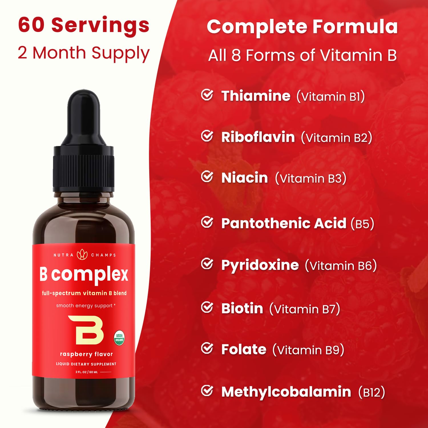 USDA Organic Vitamin B Complex Liquid Drops | B Vitamins Complex Supplement with B1, B2, B3, B6, B7, B9 & Methyl B12 Drops for Adults & Kids | Vegan Berry Flavor 2oz | 60 Servings / 2 Month Supply Nirvana Guru