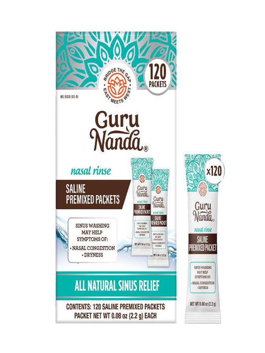 GuruNanda PreMixed Saline Packets for Nasal Rinse (120 Count), All Natural Sinus Rinse Packets to Help with Allergies & Congestion Relief, 0.08oz Each Nirvana Guru