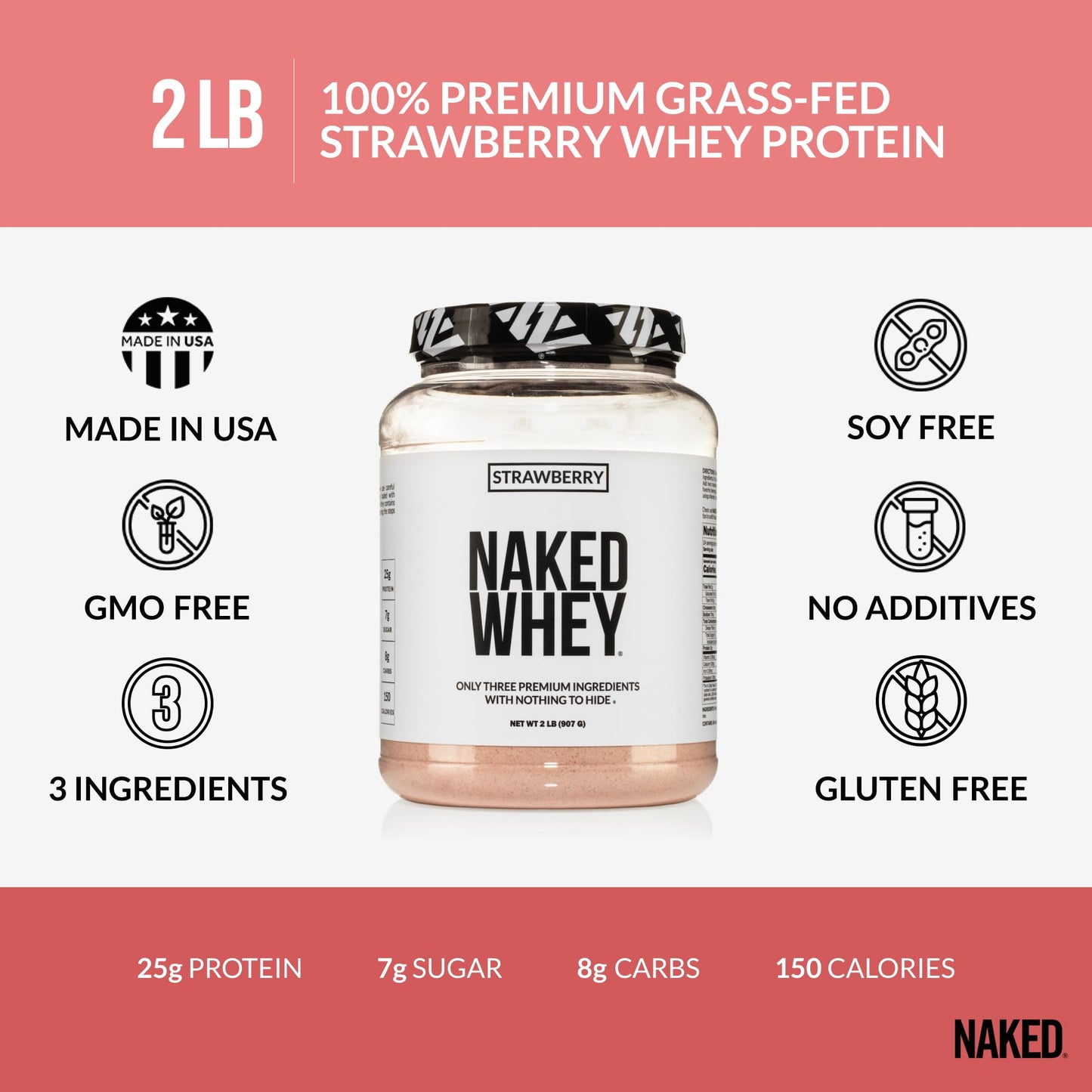NAKED Whey Vanilla Protein Powder - Only 3 Ingredients - Grass Fed Whey Protein Powder, Vanilla Flavor, and Organic Coconut Sugar, No GMO, No Soy, and Gluten Free - 24 Servings