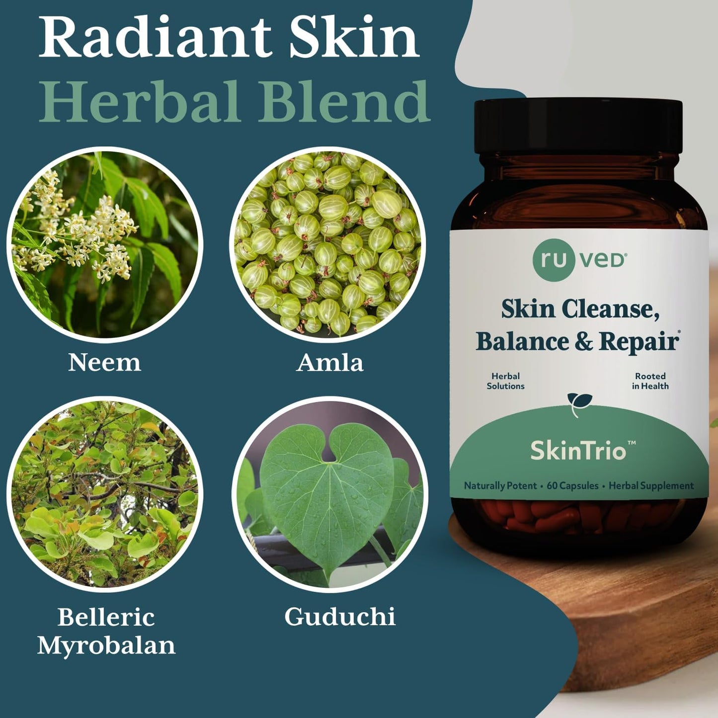 ruved SkinTrio - Neem Pills, Neem Supplement, Neem Capsules with Organic Neem Extract & Amla for Acne, Clear Skin Supplement - 60 Vegetarian Capsules (1 Count) Nirvana Guru