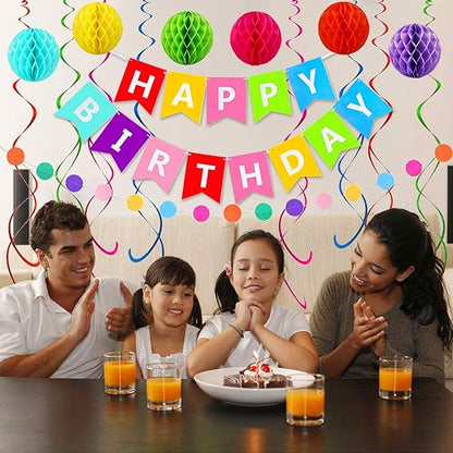 Happy Birthday Banner Decoration Set – Rainbow Birthday Banner with 6 Honeycomb Balls, 8 Metallic Hanging Swirls & Circle Paper Garland for Party Supplies nirvanaguru