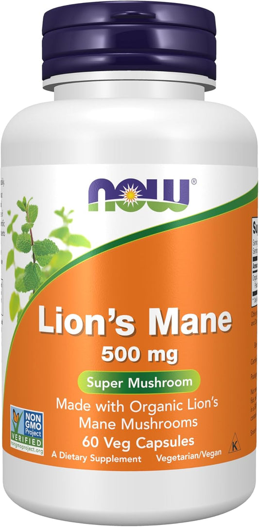 NOW Foods Supplements, Lion's Mane 500 mg, Super Mushroom, Made with Organic Lion's Mane Mushrooms, 60 Veg Capsules - Nirvana Guru