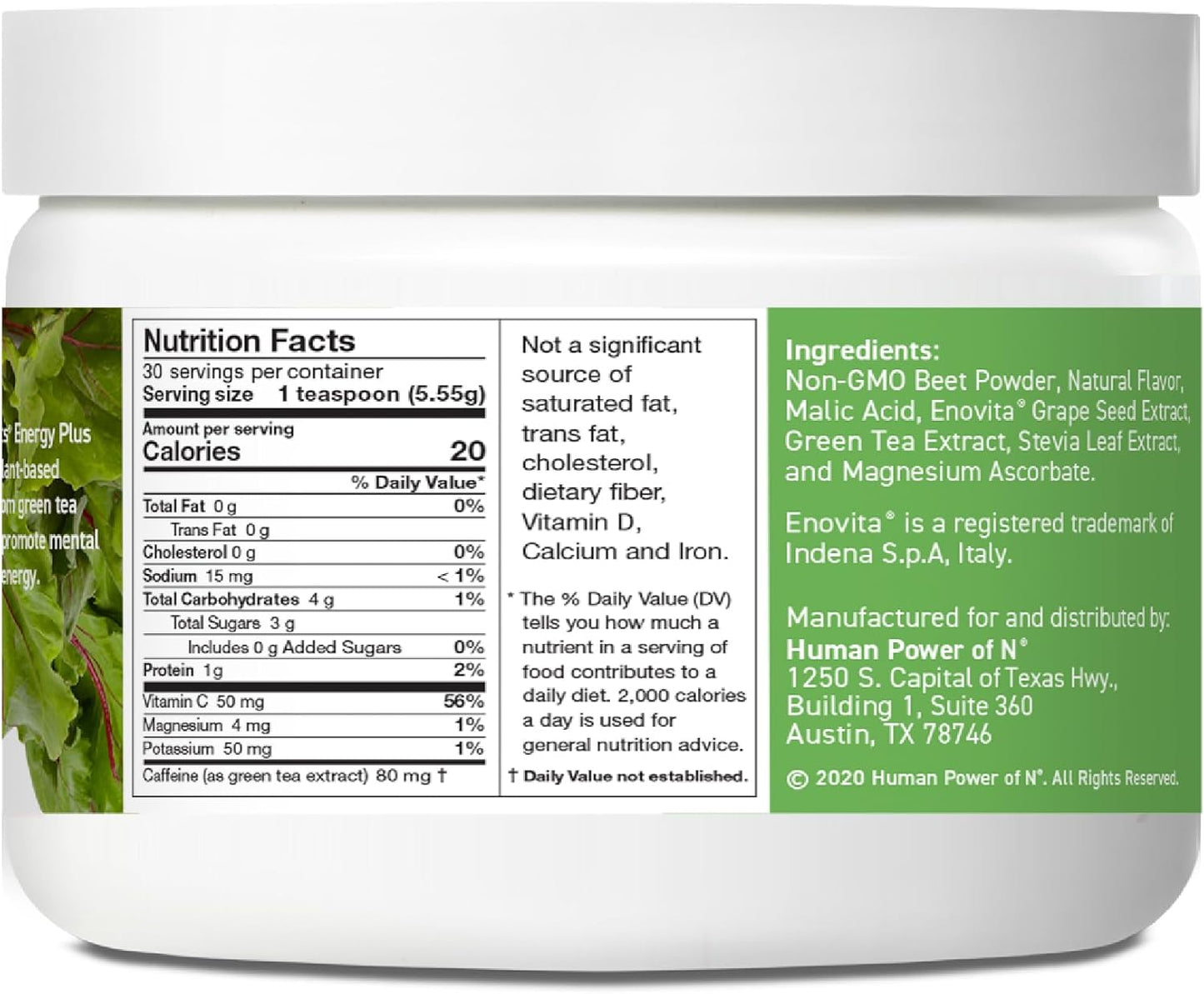 HumanN SuperBeets Energy Plus with Grape Seed Extract - Beet Root Powder, Green Tea Extract, Caffeine, Vitamin C - Non-GMO - 5.87oz - Nirvana Guru