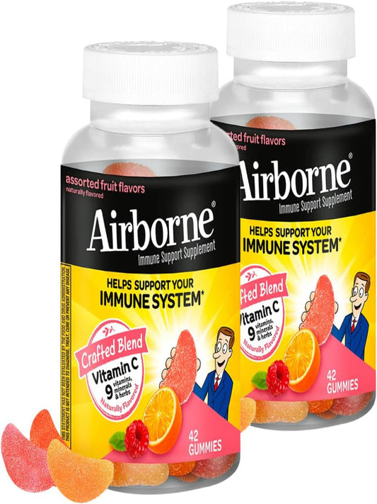 Airborne 750mg Vitamin C Immune Support Supplement Gummies for Adults, Assorted Fruit Flavor, Gluten Free Crafted Blend with Powerful Antioxidants Vitamins A C & E, 42 Gummies (2 Pack) Nirvana Guru