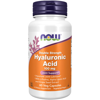 NOW Foods Supplements, Hyaluronic Acid 100 mg, Double Strength with L-Proline, Alpha Lipoic Acid and Grape Seed Extract, 120 Veg Capsules - Nirvana Guru