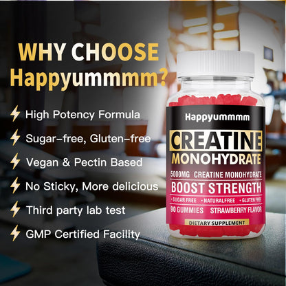 Creatine Monohydrate Gummies 5000mg for Men & Women, Chewables Creatine Monohydrate for Muscle Strength, Muscle Builder, Energy Boost, Pre-Workout Supplement(90 Count)-Strawberry.