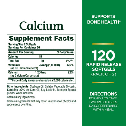 Nature's Bounty Calcium 1200 mg with Vitamin D3 - Bone Health Softgels, Calcium and Vitamin D Supplement, 120 ct (Pack of 1)