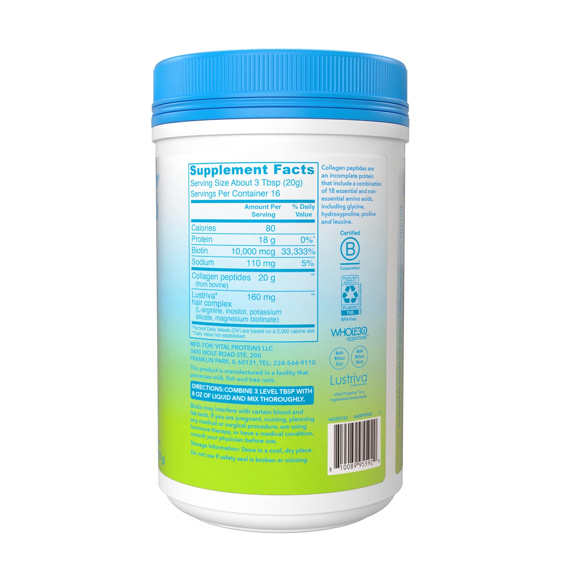 Vital Proteins Collagen Peptides + Biotin 10000mcg Hair Complex, Hair Growth Supplement - Clinically Studied Lustriva to Promote Thicker Fuller Hair, 20g Unflavored Collagen for Women 11.4oz Powder - Nirvana Guru