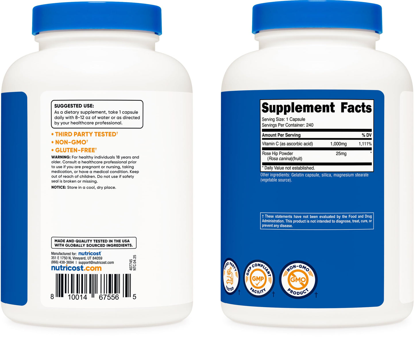 Nutricost Vitamin C with Rose HIPS 1025mg, 240 Capsules - Vitamin C 1,000mg, Rose HIPS 25mg, Premium, Non-GMO, Gluten Free Supplement Nirvana Guru