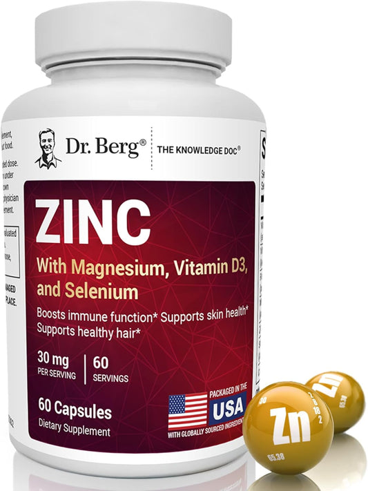 Dr. Berg Zinc 30mg Enhanced with Magnesium, Vitamin D3, Selenium, & Copper - Zinc Supplements for Men & Women - Chelated Zinc for Immune, Skin, Hair, & Nails Support* - 60 Capsules - Nirvana Guru
