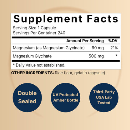 NatureBell Magnesium Glycinate 500mg, 240 Capsules | 100% Chelated & Purified | Sleep, Muscle & Heart Support | 3rd Party Tested, Non-GMO, Gluten-Free