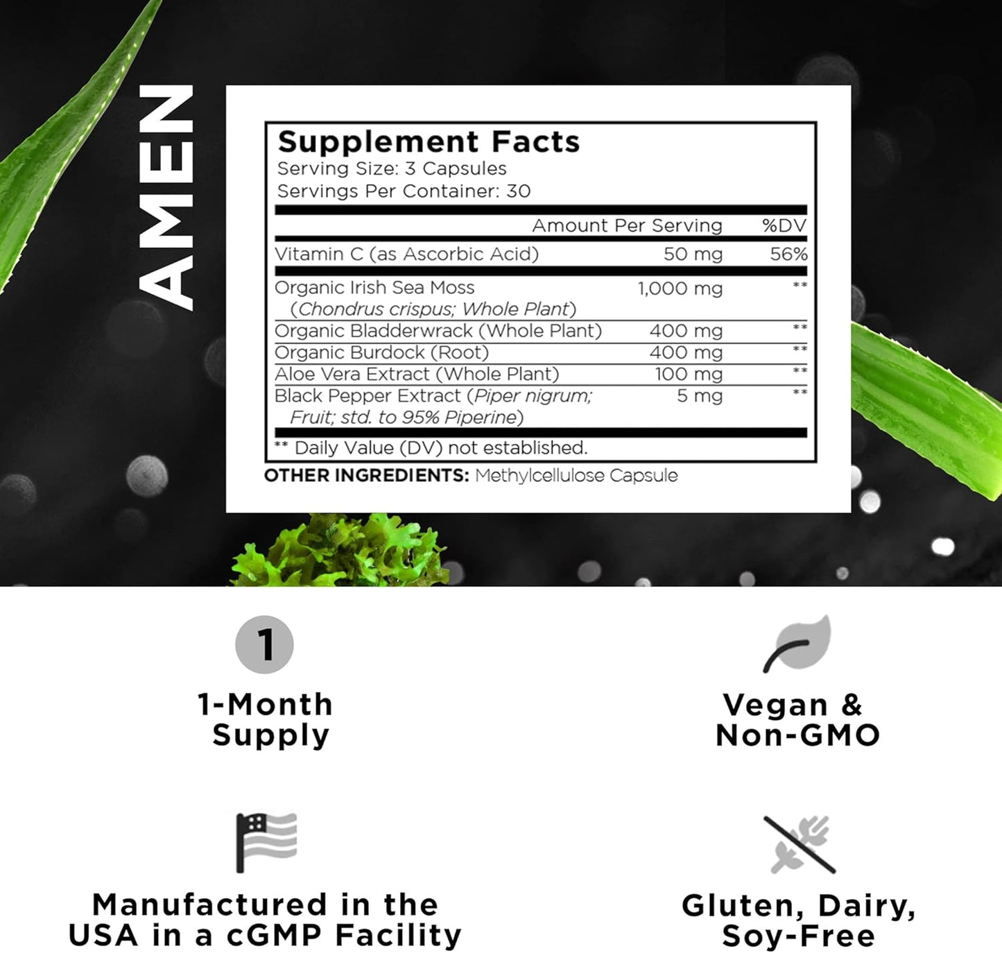 Amen Sea Moss Supplement - 1000mg Organic Irish Sea Moss, Bladderwrack, Burdock - Vitamin C, Aloe Vera, Black Pepper - Seaweed Superfood, Vitamins, Minerals, and Antioxidants - Non-GMO - 90 Capsules Nirvana Guru