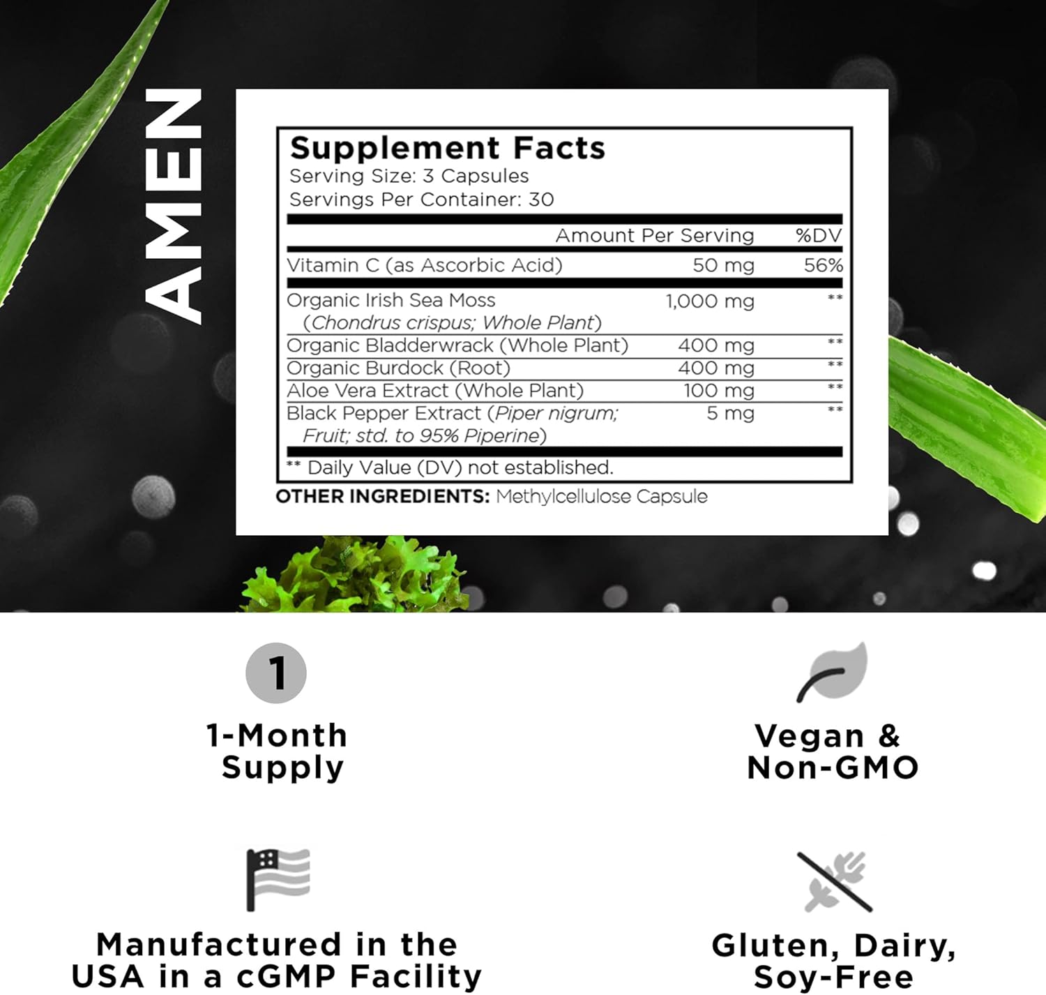 Amen Sea Moss Supplement - 1000mg Organic Irish Sea Moss, Bladderwrack, Burdock - Vitamin C, Aloe Vera, Black Pepper - Seaweed Superfood, Vitamins, Minerals, and Antioxidants - Non-GMO - 90 Capsules Nirvana Guru