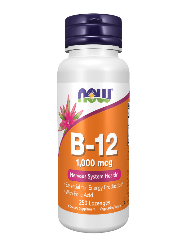 NOW Foods Supplements, Vitamin B-12 1,000 mcg with Folic Acid, Nervous System Health*, 250 Chewable Lozenges - Nirvana Guru