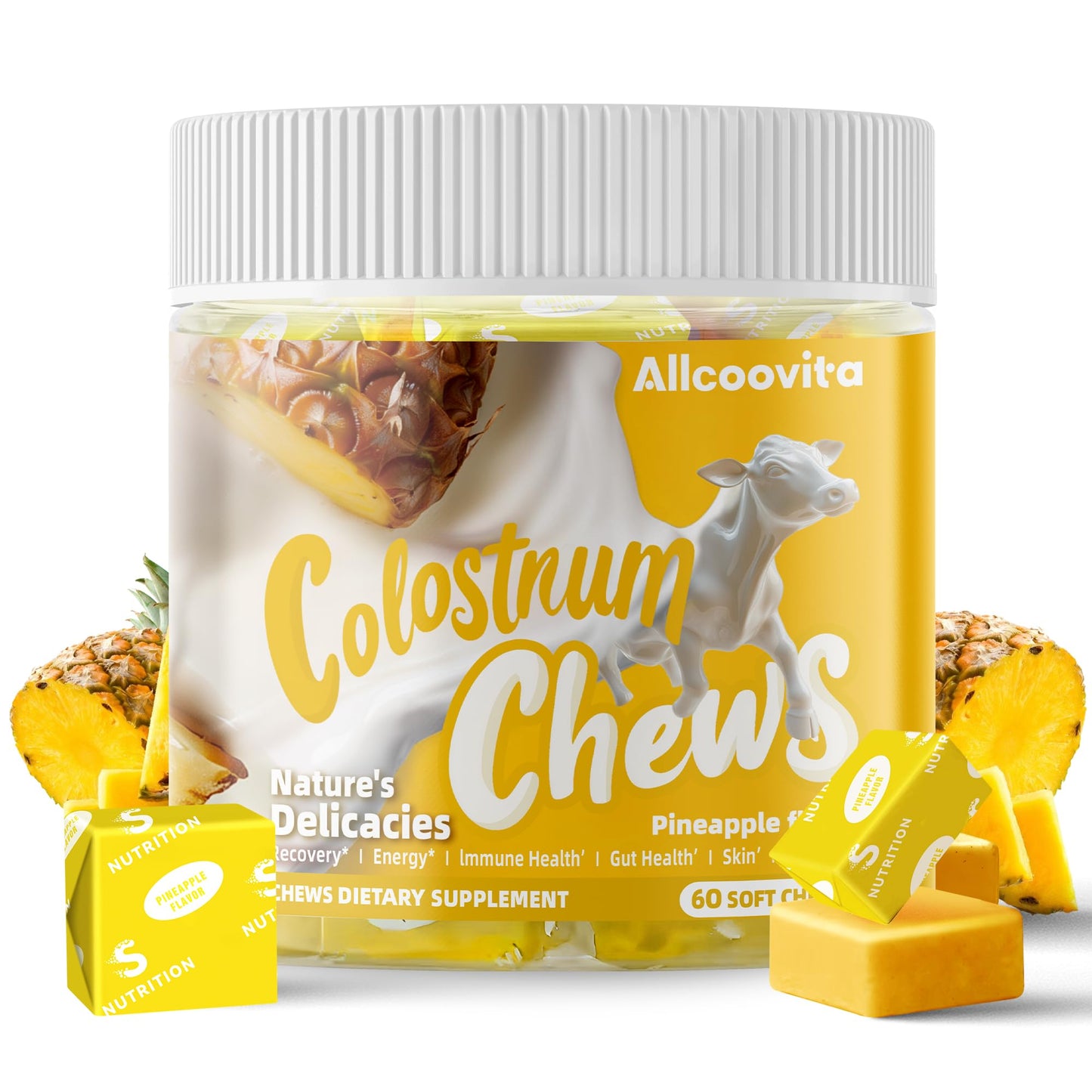 Bovine Colostrum Chews Supplement with probiotics for Gut Health, Bloating, Immune Support, Skin, Hair Growth and Beauty - Strawberry Flavor (60 Servings) Nirvana Guru