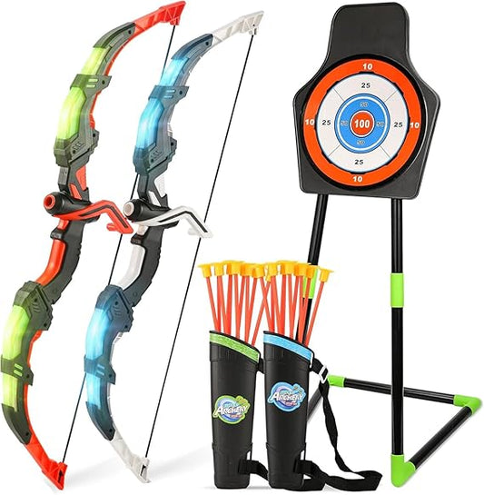Bow and Arrow Set for Kids, 2-Pack LED Light Up Archery Set with 20 Suction Cup Arrows, Indoor and Outdoor Toy for Boys Girls Age 4-8 8-12 with Standing Target&2 Quivers, Birthday Gift 3-12 Years Old Nirvana Guru