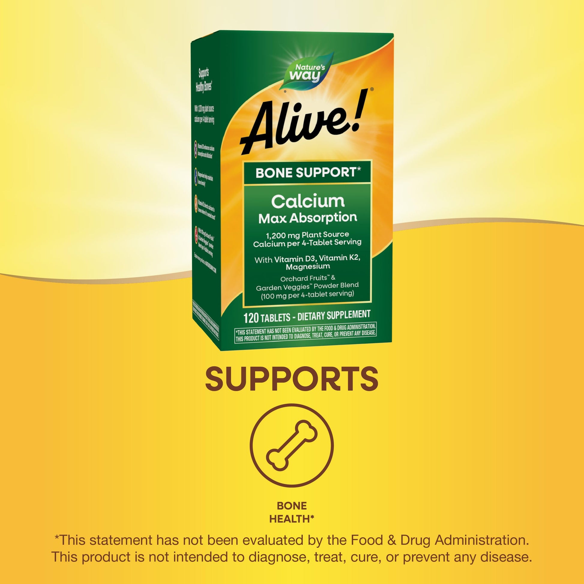 Nature's Way Alive! Calcium Max Absorption, Bone Support*, Plant Source Calcium, Vitamin D3 & K2, Magnesium, 120 Tablets (Packaging May Vary) - Nirvana Guru