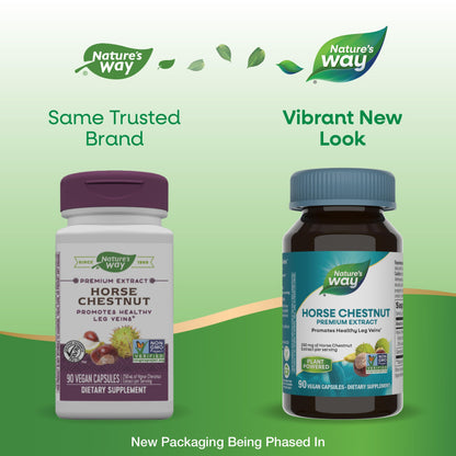 Nature's Way Standardized Horse Chestnut, Premium Extract, Promotes Healthy Leg Veins*, 250 mg per Serving, Vegan, 90 Capsules - Nirvana Guru