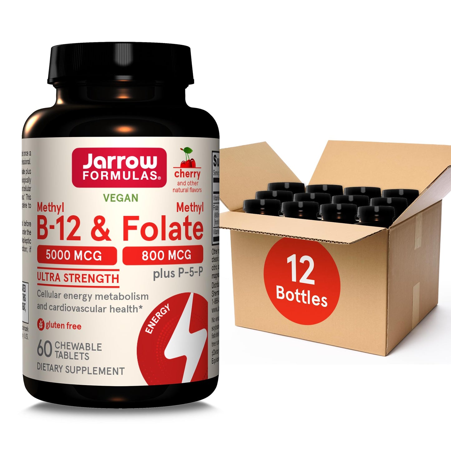 Jarrow Formulas Ultra Strength Methyl B-12 5000 mcg & Methyl Folate 800 mcg + P-5-P, Dietary Supplement for Cellular Energy Metabolism and Cardiovascular Support, 60 Chewable Tablets, 60 Day Supply - Nirvana Guru